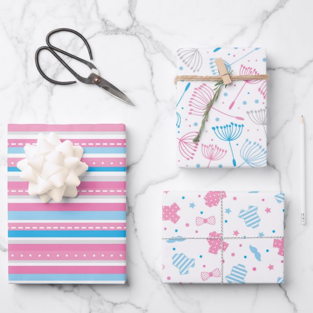 Blue Pink Gender Reveal Wrapping Paper Sheets (Front)