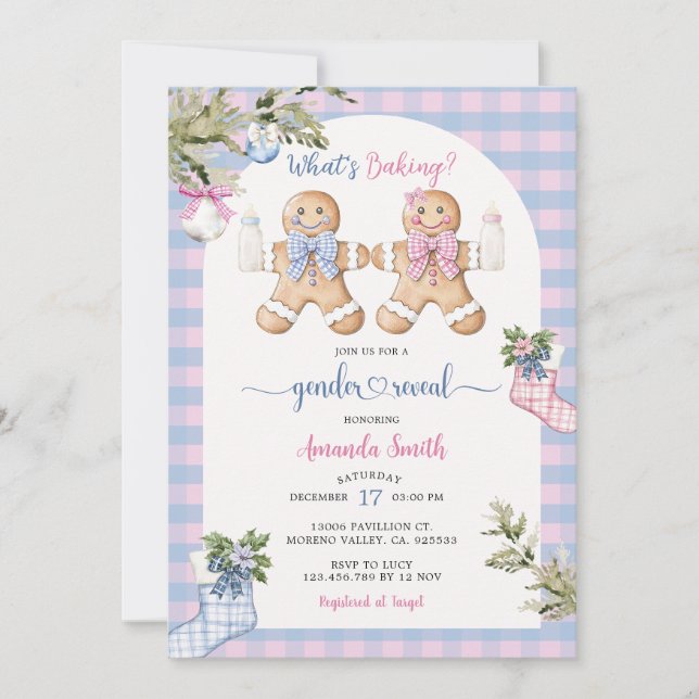 Blue & Pink Gingham Christmas Cookie Gender Reveal Invitation (Front)