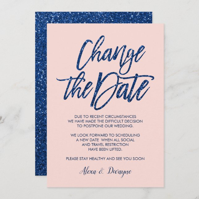 Blue pink Glitter Cancelled Postponed Wedding Invitation (Front/Back)
