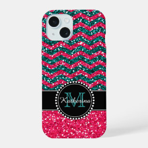 Blue & Pink Glitter Chevron Personalised Defender iPhone 15 Case