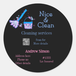 Blue pink glitter clean mop add name address q r b classic round sticker