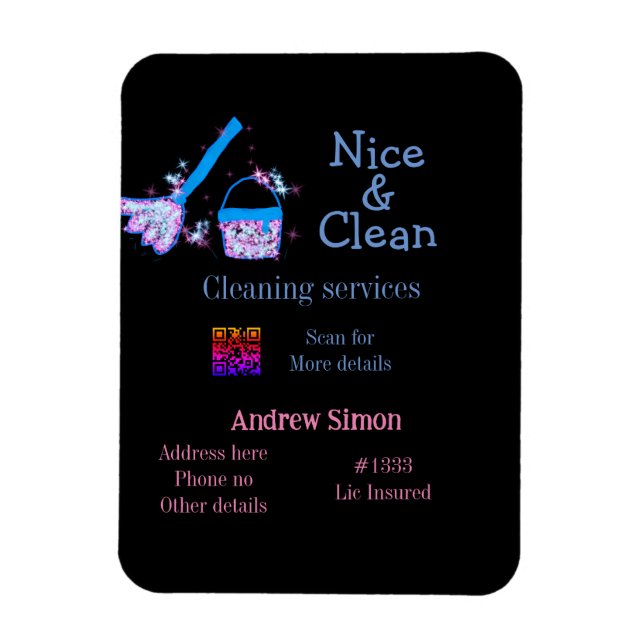 Blue pink glitter clean mop add name address q r b magnet (Vertical)