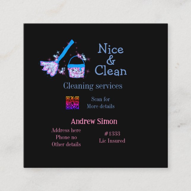 Blue pink glitter clean mop add name address q r b square business card (Front)