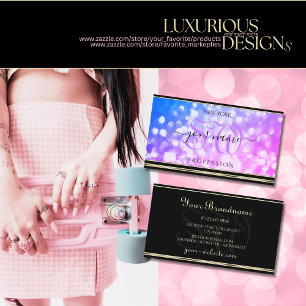 Blue Pink Glitter Initials Black and Golden Border Business Card