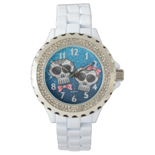 Blue Pink Glitter Modern Valentine Sugar Skull Watch