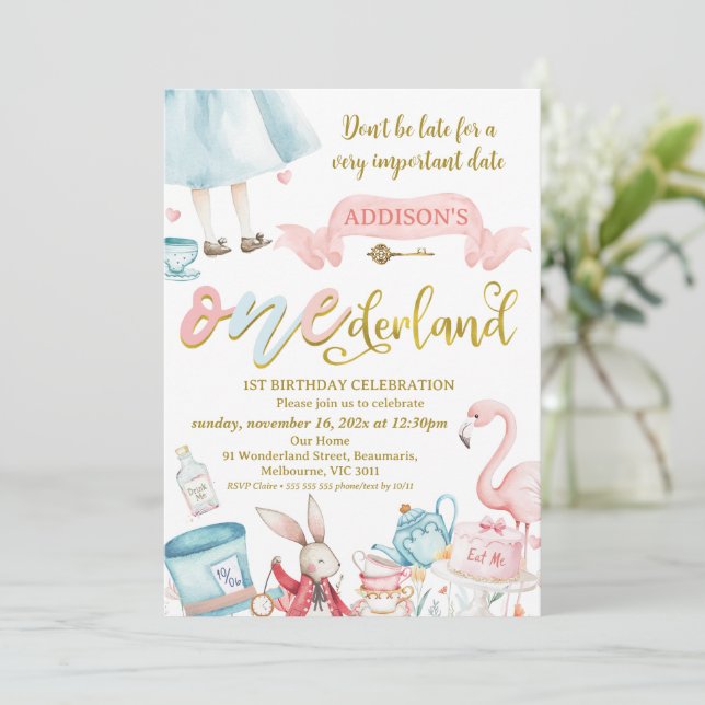 Blue Pink Gold Alice in Onederland 1st Birthday Invitation (Standing Front)