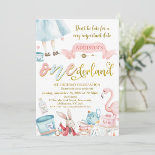 Blue Pink Gold Alice in Onederland 1st Birthday Invitation