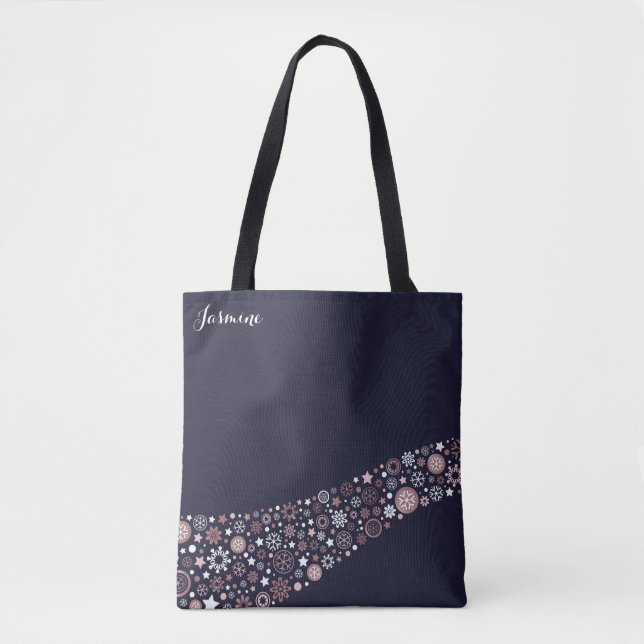 Blue, pink gold and white winter chic snowflakes tote bag (Front)