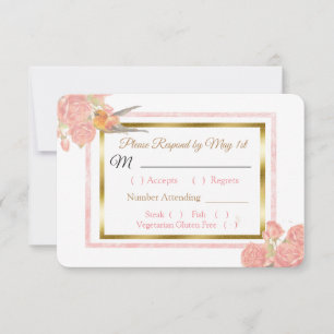 Blue PInk Gold Bird & Floral Wedding RSVP card