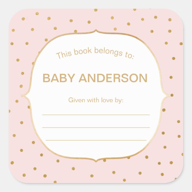 Blue Pink + gold confetti baby shower bookplate Square Sticker (Front)