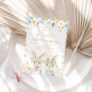 Blue Pink Gold Floral Easter Egg Hunt & Brunch Invitation