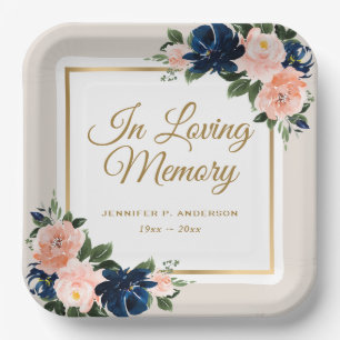Blue Pink Gold Floral Memorial Funeral Paper Plate