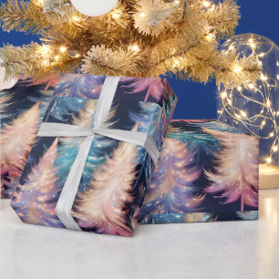 Blue Pink Gold Light Trees Modern Christmas Wrapping Paper