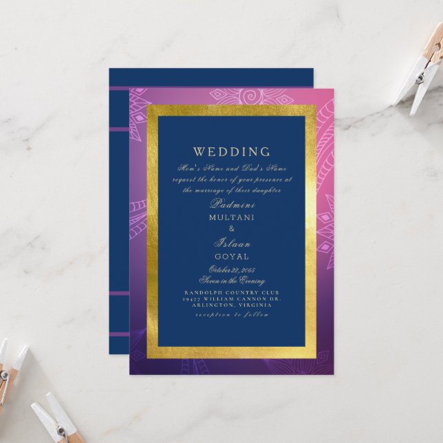 Blue, Pink & Gold Regal Indian Style Wedding   Invitation (Front/Back In Situ)
