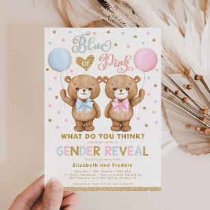 Blue Pink Gold Teddy Bear Gender Reveal Baby Invitation
