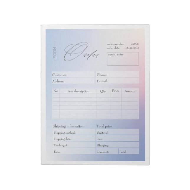 Blue & Pink Gradient Business Order Form Notepad (Rotated)