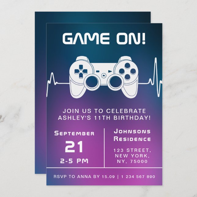Blue Pink Gradient Video Gamer Gaming Kid Birthday Invitation (Front/Back)