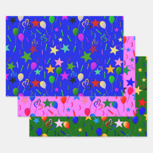 Blue Pink & Green Balloons & Stars Wrapping Paper Sheet