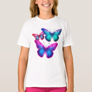 Blue Pink Green Floating Mushrooms on SS White T-Shirt