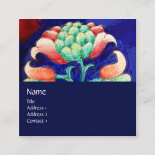 BLUE PINK GREEN FLORAL MONOGRAM Stylised Flower Square Business Card