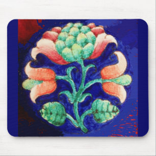 BLUE PINK GREEN FLORAL Stylised Fantasy Flower Mouse Mat