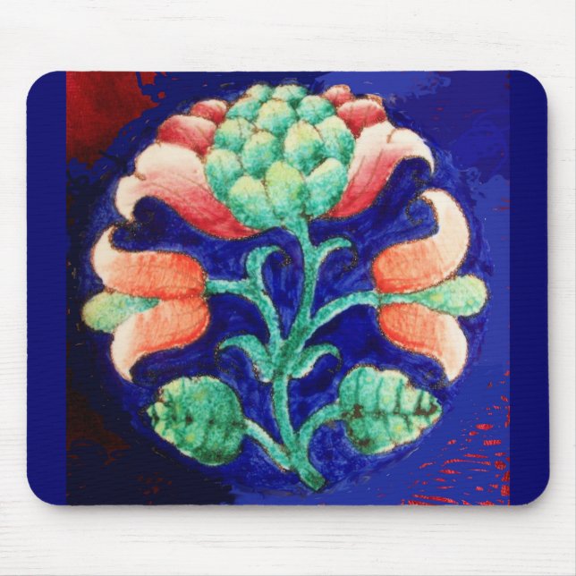 BLUE PINK GREEN FLORAL Stylised Fantasy Flower Mouse Mat (Front)