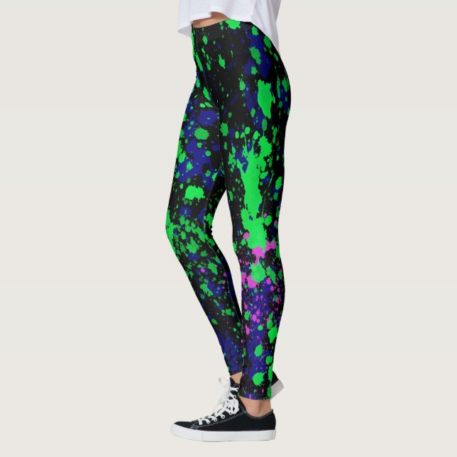 Blue Pink Green Paint Splatters on Black Leggings (Left)