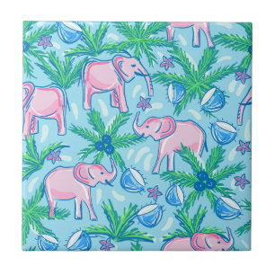 Blue Pink Green Preppy Elephant Tile