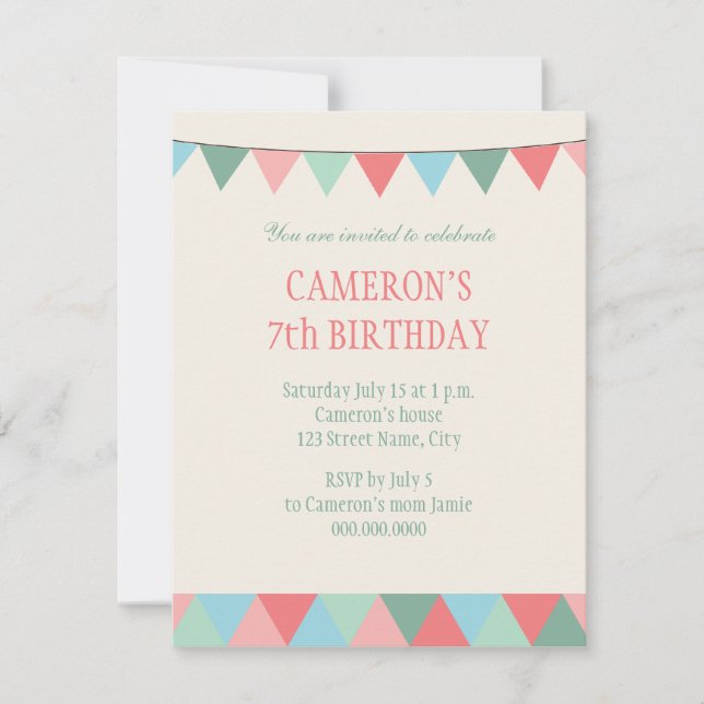 Blue Pink Green String Pennon Kids Birthday Invitation (Front)