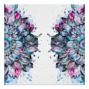 blue pink green watercolor floral mandala poster