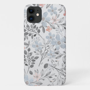 Blue Pink Grey Floral Botanical Flowers Leaves iPhone 11 Case