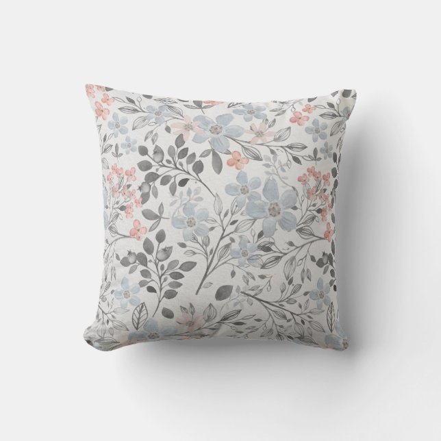 Blue Pink Grey Floral Botanical Flowers Leaves Cushion (Front)