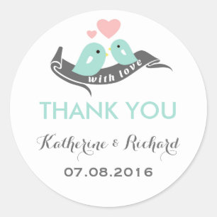 Blue Pink Grey Love Birds Wedding Favour Sticker
