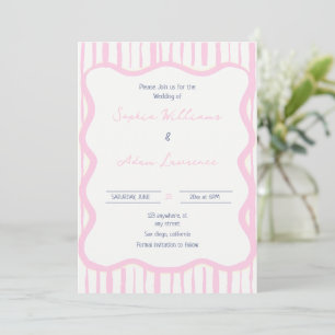 Blue pink Hand Written Pinstripe Whimsical Wedding Invitation