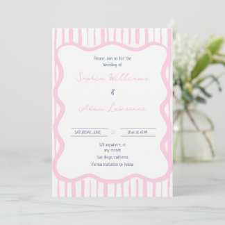 Blue pink Hand Written Pinstripe Whimsical Wedding Invitation