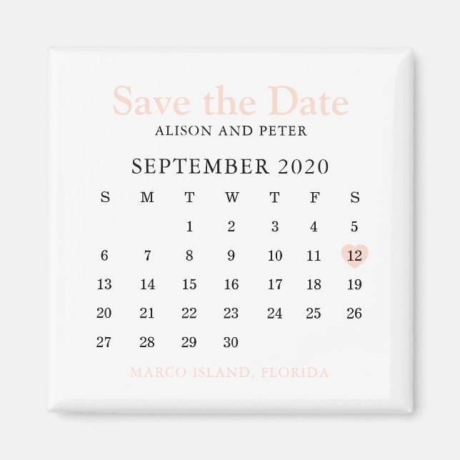 Blue Pink Heart Calendar Wedding Save the Date Magnet (Front)