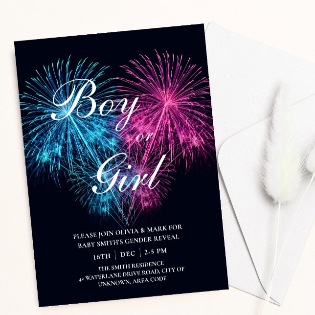 Blue Pink Heart Firework Baby Gender Reveal Invitation (Creator Uploaded)