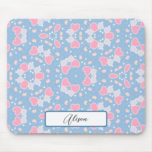 Blue Pink Hearts Butterflies Pattern and Your Name Mouse Mat (Front)
