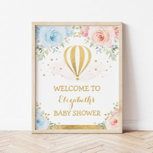 Blue Pink Hot Air Balloon Baby Shower Welcome Poster