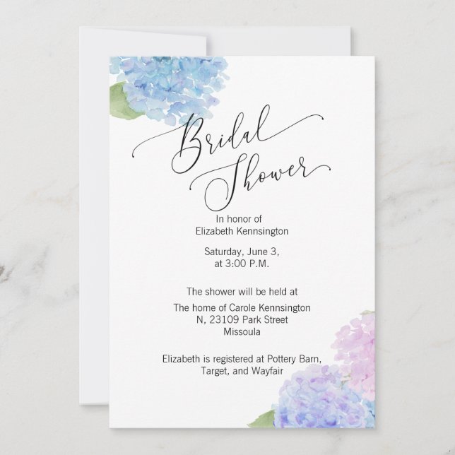 Blue Pink Hydrangea Bridal Shower Invitation (Front)
