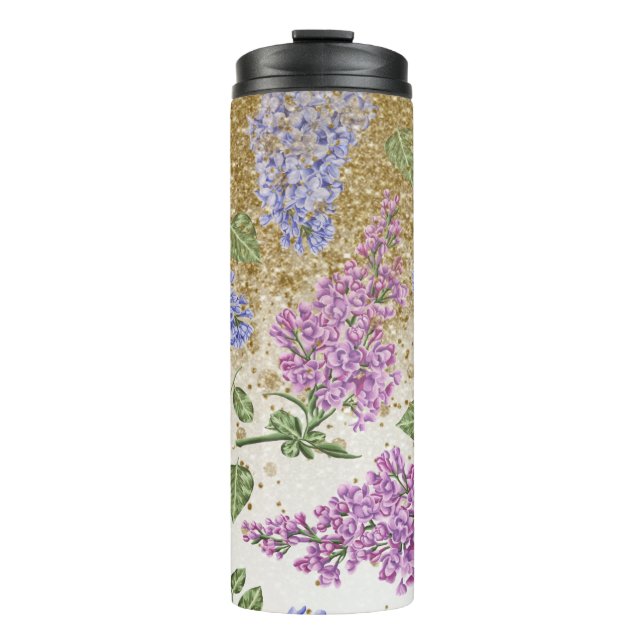 *~* Blue Pink HYDRANGEA Gold Glitter Floral Thermal Tumbler (Front)