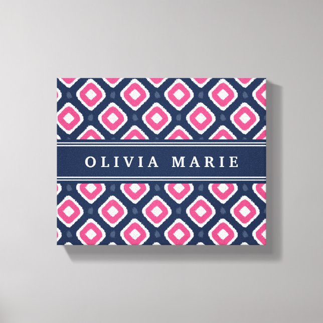 Blue Pink Ikat Mod Pattern with Name Canvas Print (Front)