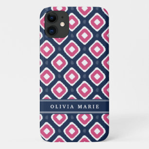 Blue Pink Ikat Mod Pattern with Name iPhone 11 Case
