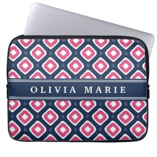 Blue Pink Ikat Mod Pattern with Name Laptop Sleeve