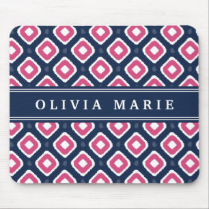 Blue Pink Ikat Mod Pattern with Name Mouse Mat