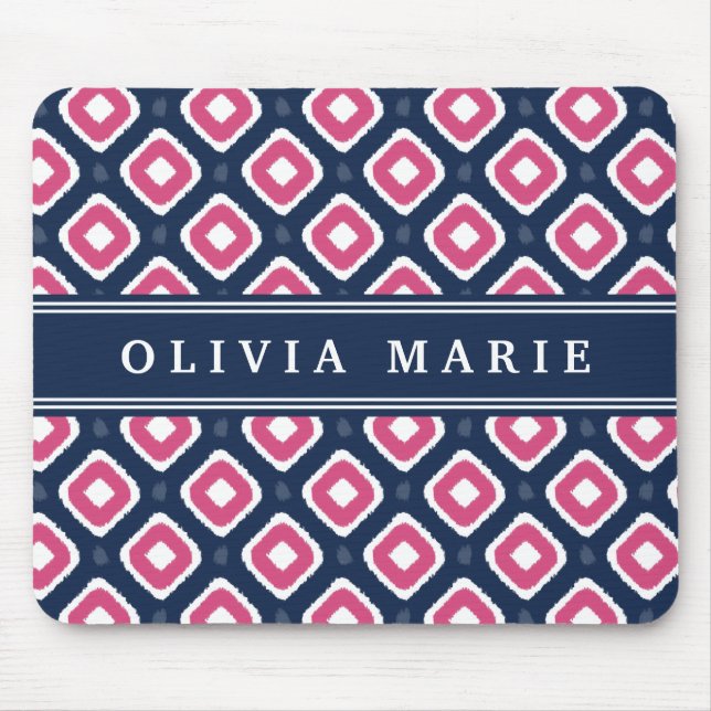Blue Pink Ikat Mod Pattern with Name Mouse Mat (Front)