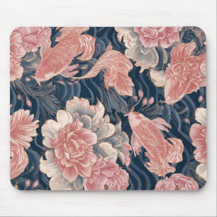Blue Pink Koi Chinoiserie Floral Pattern Mouse Mat