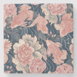 Blue Pink Koi Chinoiserie Floral Pattern Stone Coaster