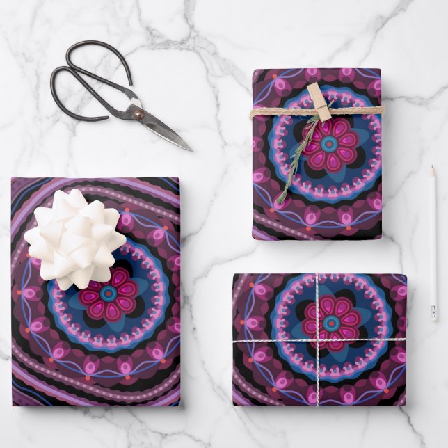 Blue Pink Lilac Mandala Wrapping Paper Sheet (Front)