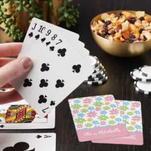Blue Pink Lime Green Summer Flowers Art Pattern Playing Cards